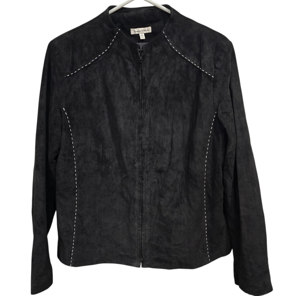Yvonne Marie Suede Leather Jacket Sz 14 Black withWhite Stitching Details